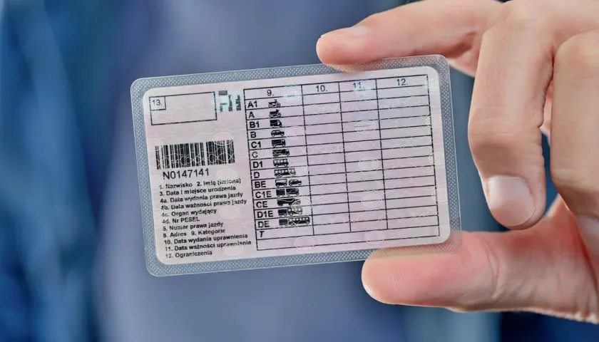 Dłoń trzyma polskie prawo jazdy, na którym widnieje numer N0147141. Dokument zawiera informacje o kategoriach pojazdów i datach ważności, kluczowych dla przedłużenia prawa jazdy.