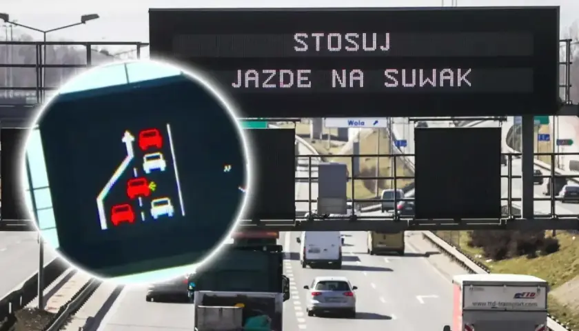 Znak drogowy informuje o konieczności stosowania jazdy na suwak. Na ekranie widoczny schemat samochodów włączających się do ruchu.