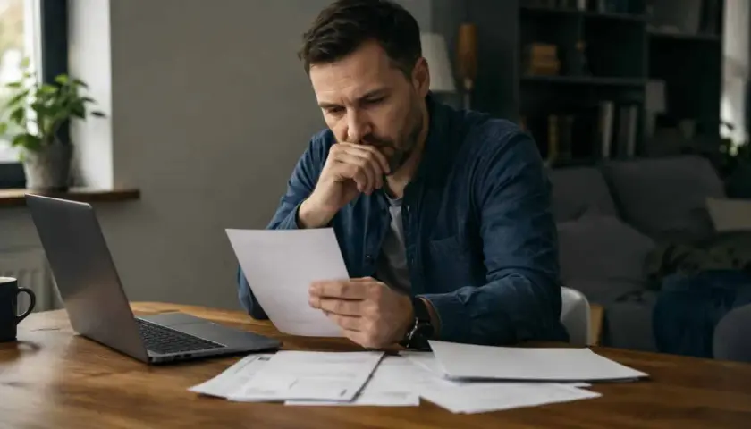Mężczyzna zamyślony czyta dokumenty, martwiąc się o kary UFG. Na biurku laptop i kubek.