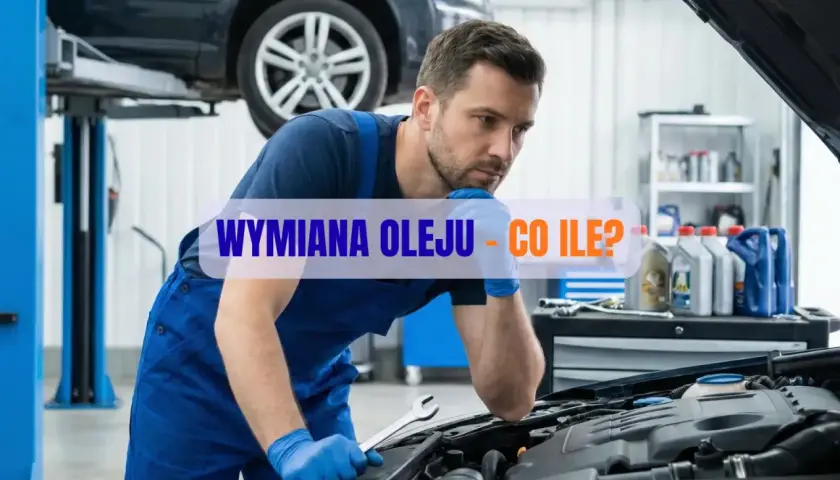 Mechanik w warsztacie zastanawia się, jak często wymieniać olej w samochodzie. Na półce widać butelki z olejem.