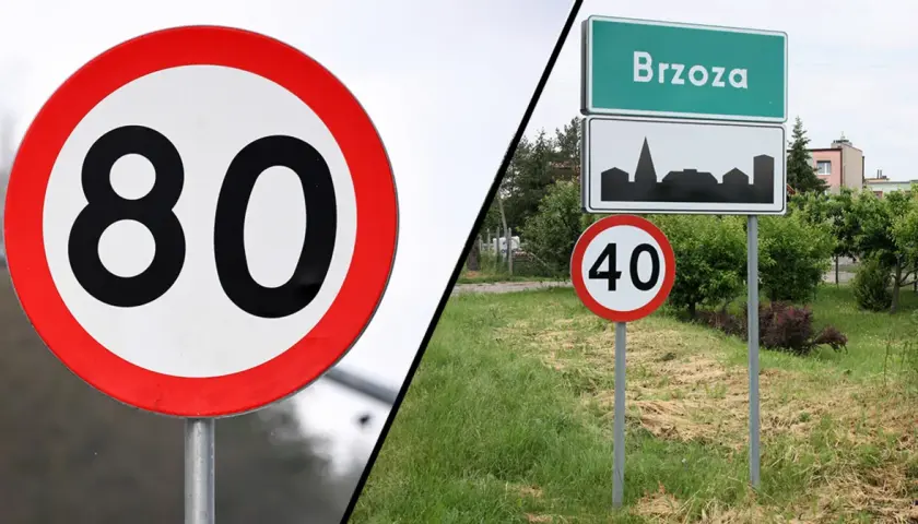 Dwa znaki drogowe: jeden z ograniczeniem prędkości do 80, drugi z napisem "Brzoza" i ograniczeniem do 40.