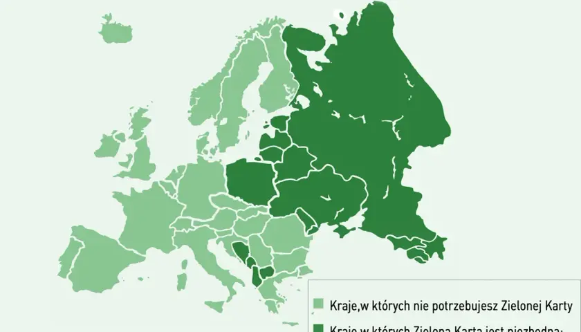 Mapa Europy i okolic. Jasnozielone kraje nie wymagają Zielonej Karty. Ciemnozielone kraje, jak Rosja, Białoruś, Ukraina, Iran, Izrael, Maroko, Tunezja, Turcja, wymagają jej.