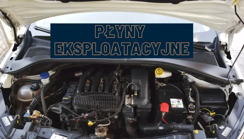 Widok otwartej maski samochodu z widocznym silnikiem i napisami "PŁYNY EKSPLOATACYJNE".