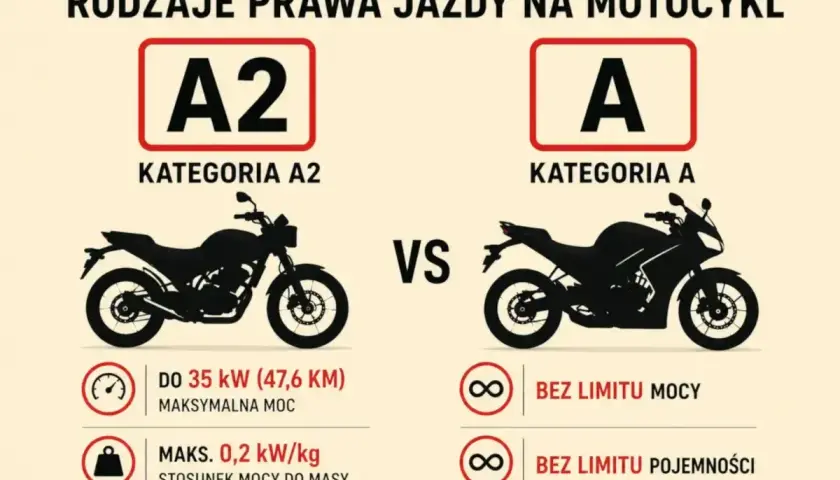 Porównanie kategorii A2 i A prawa jazdy na motocykl. A2 to motocykle do 35 kW, A to bez limitu mocy i pojemności.