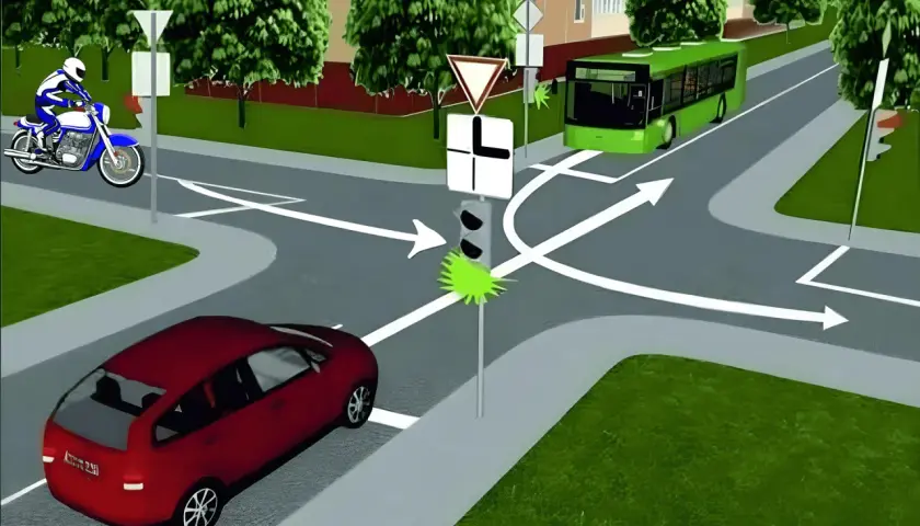 Motocyklista i czerwony samochód zbliżają się do skrzyżowania. Zielony autobus jedzie prosto. Kto ma pierwszeństwo?