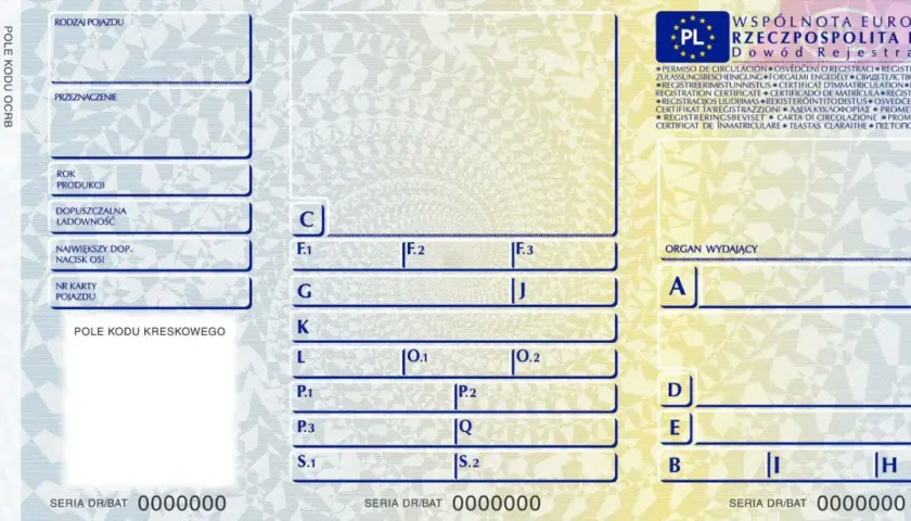 Dowód rejestracyjny z polskimi oznaczeniami pól, zawiera dane pojazdu, jego przeznaczenie i numer karty pojazdu.