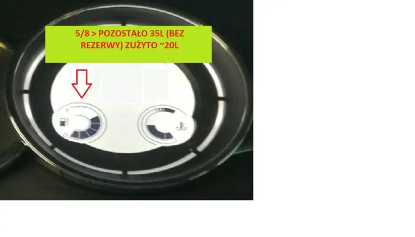 Wskaźnik paliwa w Renault Megane 2 pokazuje 35L pozostałe (bez rezerwy), zużyto ok. 20L.