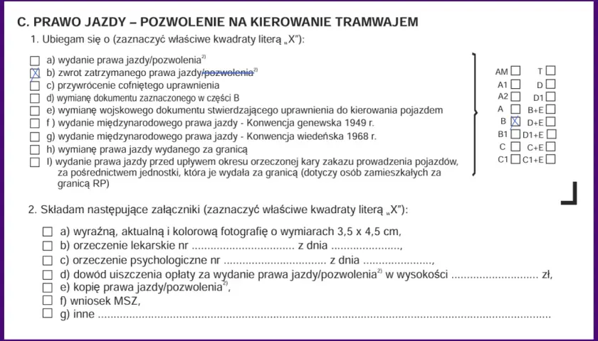 Formularz wniosku o zwrot zatrzymanego prawa jazdy po 3 latach zakazu. Zaznaczono opcję "zwrot zatrzymanego prawa jazdy/pozwolenia".