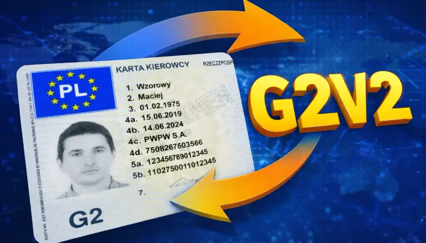 Karta kierowcy G2. G2V2 symbolizuje proces, gdzie odesłać kartę kierowcy.