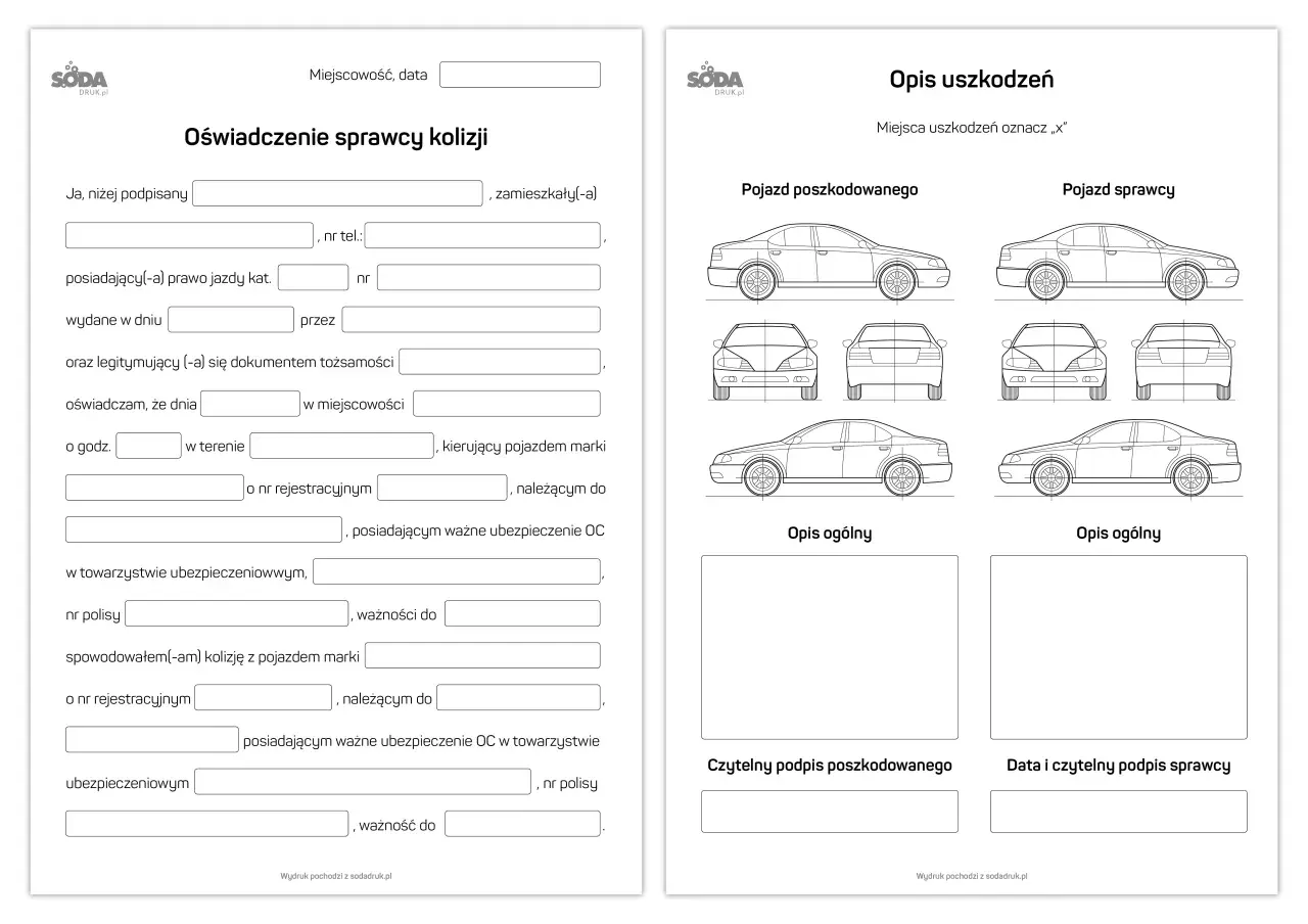 Oświadczenie sprawcy szkody: formularz do wypełnienia przez sprawcę kolizji, zawierający dane kierowcy, pojazdu i opis zdarzenia.
