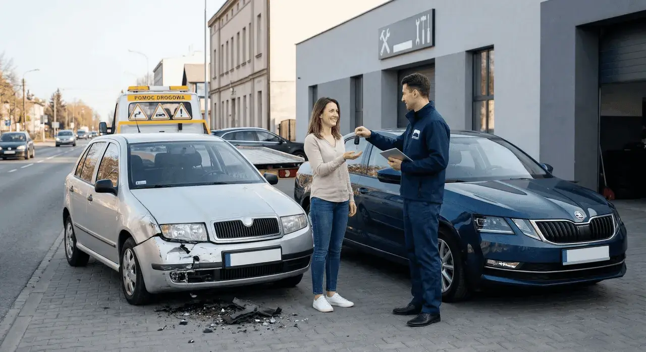 Kobieta odbiera kluczyki do auta zastępczego z OC sprawcy od pracownika serwisu. Obok stoi uszkodzony samochód.