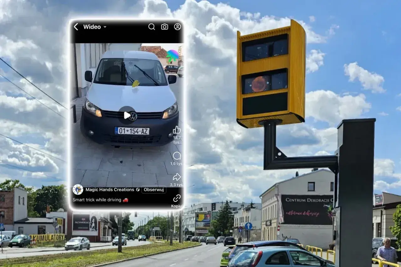 Chcesz wiedzieć, jak zapłacić mandat z fotoradaru? Na ekranie widać biały bus i żółty fotoradar.