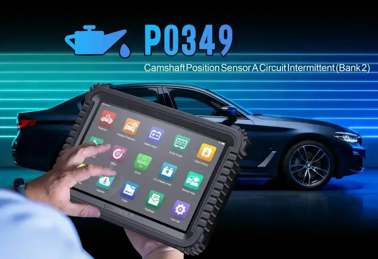 Diagnostyka P0349: czujnik położenia wału objawy. Tablet diagnostyczny pokazuje błąd czujnika wału korbowego.