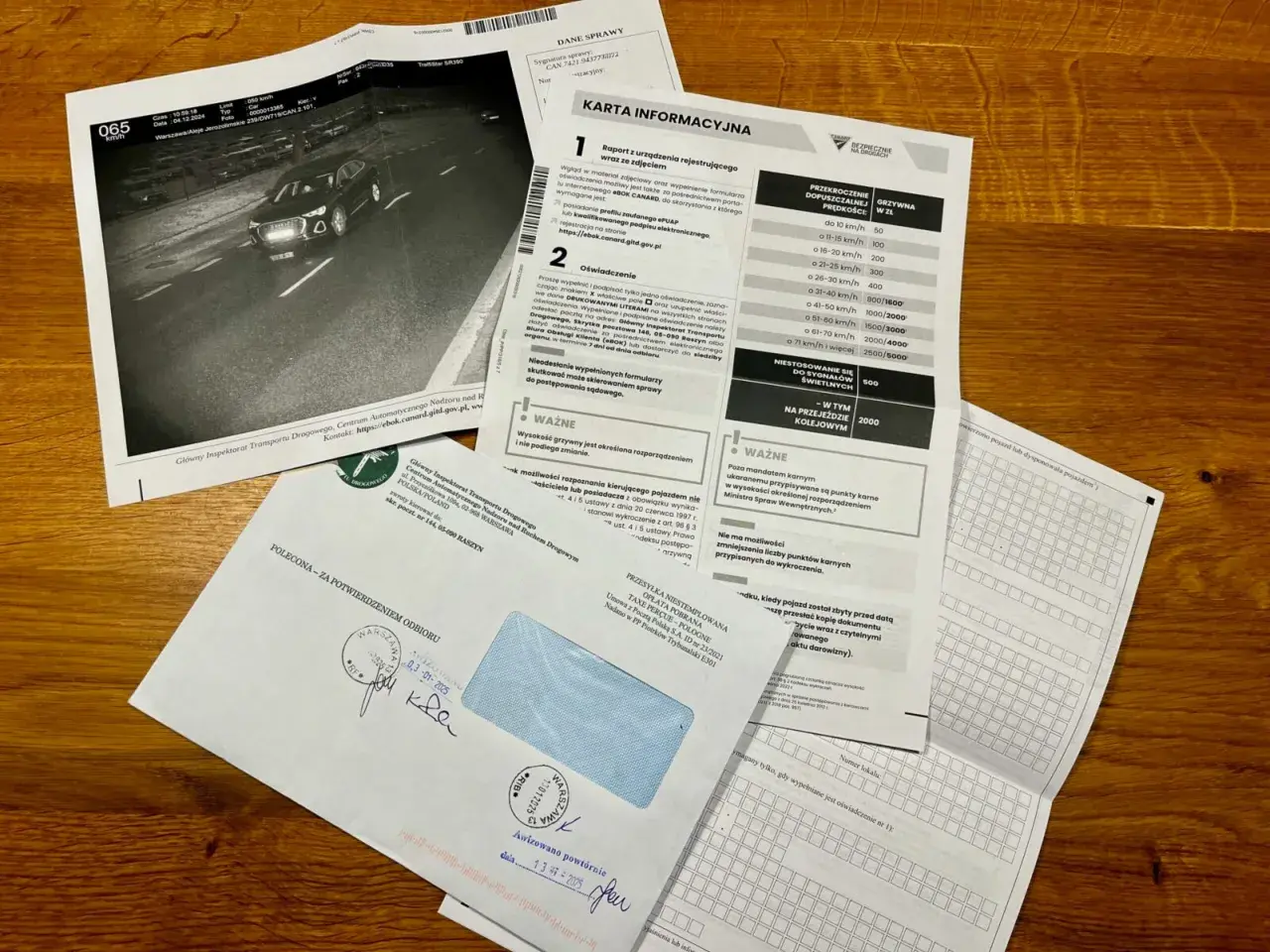 Dokumenty dotyczące wykroczenia drogowego i informacji, jak przedłużyć kartę kierowcy. Widoczny jest raport z fotoradaru, formularz informacyjny oraz koperta.