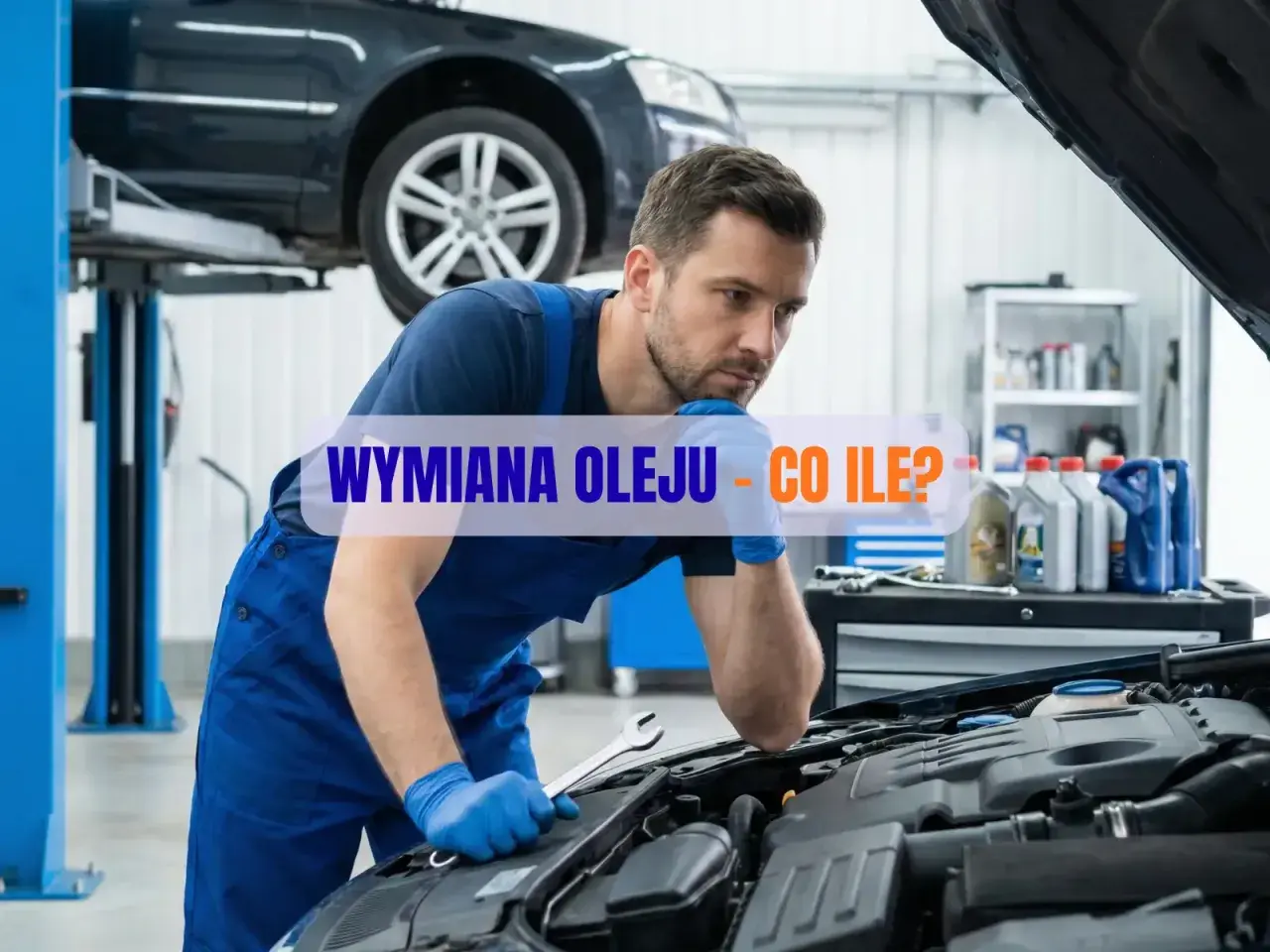 Mechanik w warsztacie zastanawia się, jak często wymieniać olej w samochodzie. Na półce widać butelki z olejem.
