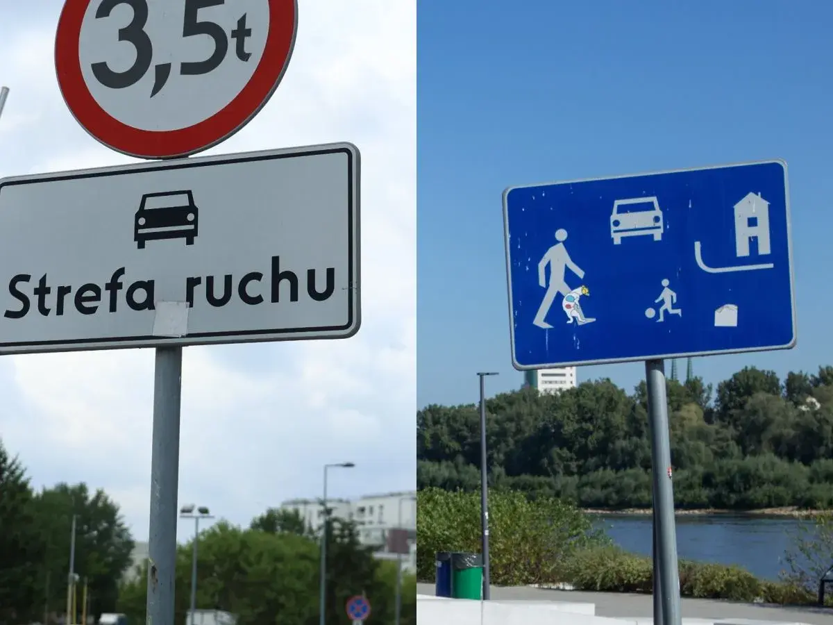 Znak "Strefa ruchu" z ikoną samochodu i znak niebieski z piktogramami ruchu drogowego i pieszych.