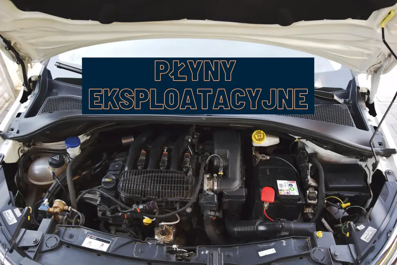 Widok otwartej maski samochodu z widocznym silnikiem i napisami "PŁYNY EKSPLOATACYJNE".