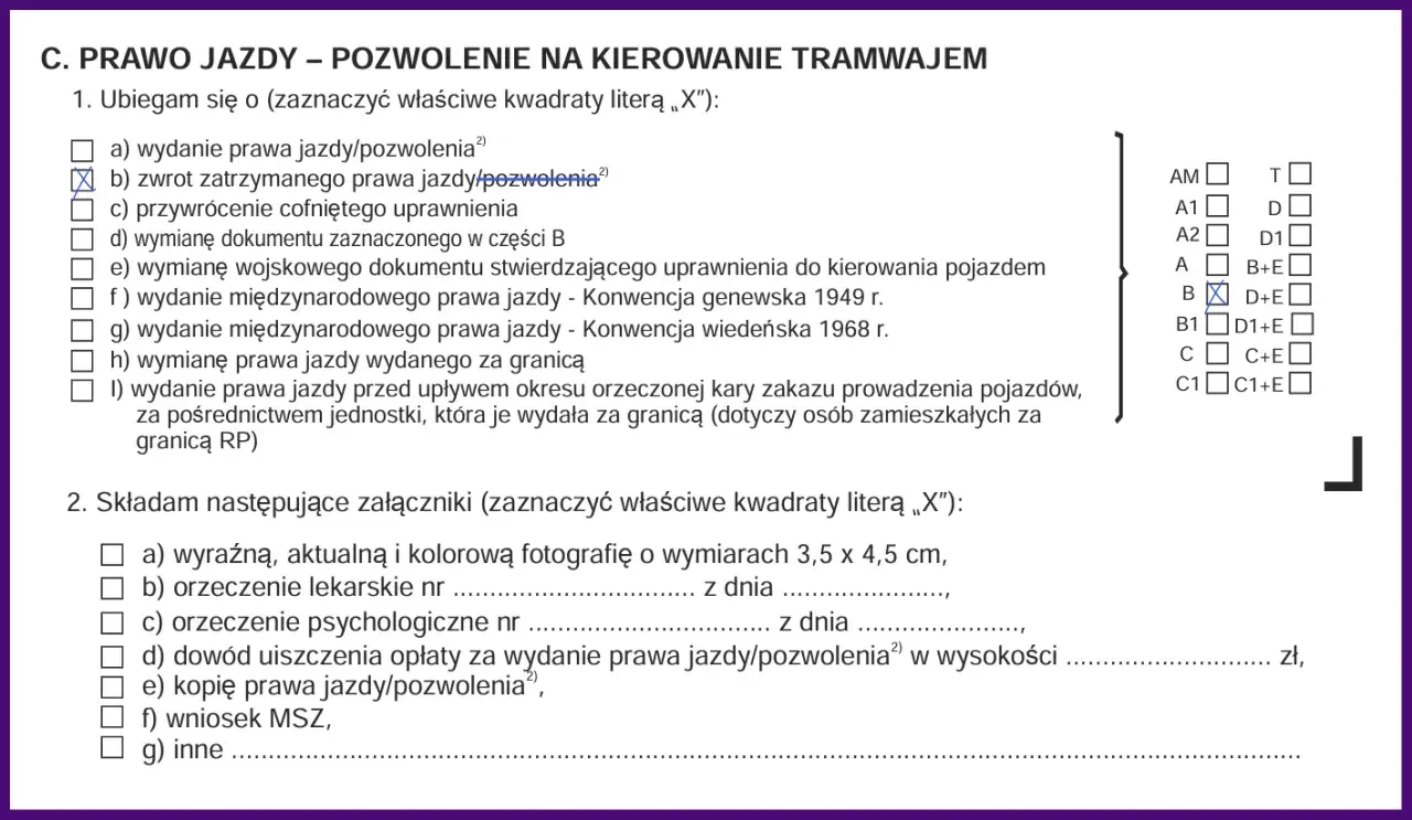 Formularz wniosku o zwrot zatrzymanego prawa jazdy po 3 latach zakazu. Zaznaczono opcję "zwrot zatrzymanego prawa jazdy/pozwolenia".