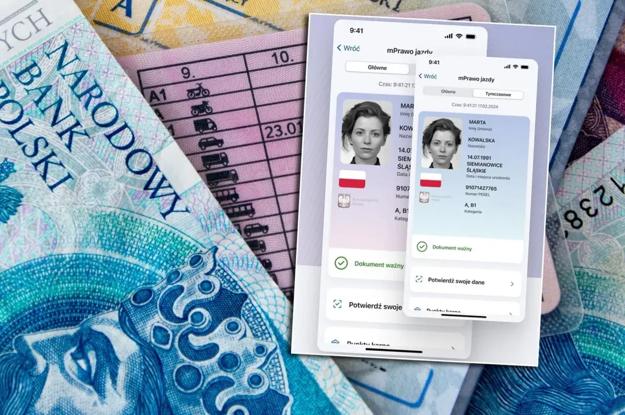 Zastanawiasz się, ile się czeka na wydanie prawo jazdy? Na ekranie telefonu widzisz aplikację mPrawo Jazdy, obok starego dokumentu i banknotów.