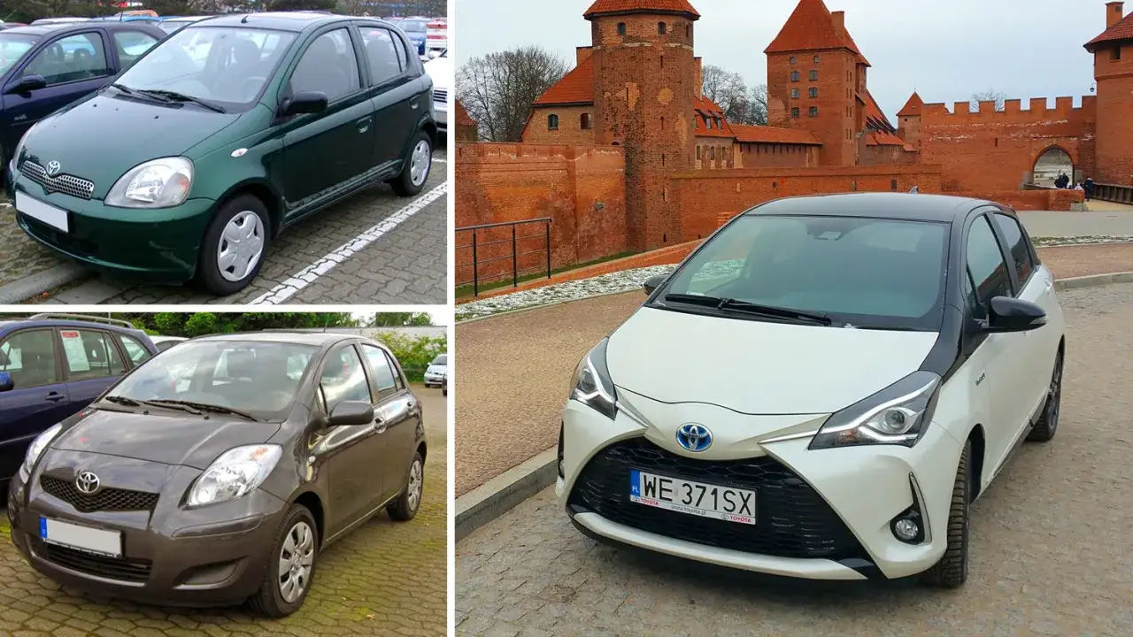 Trzy modele Toyoty Yaris: zielony, szary i biały z czarnym dachem. Zastanawiasz się nad pojemnością baku?