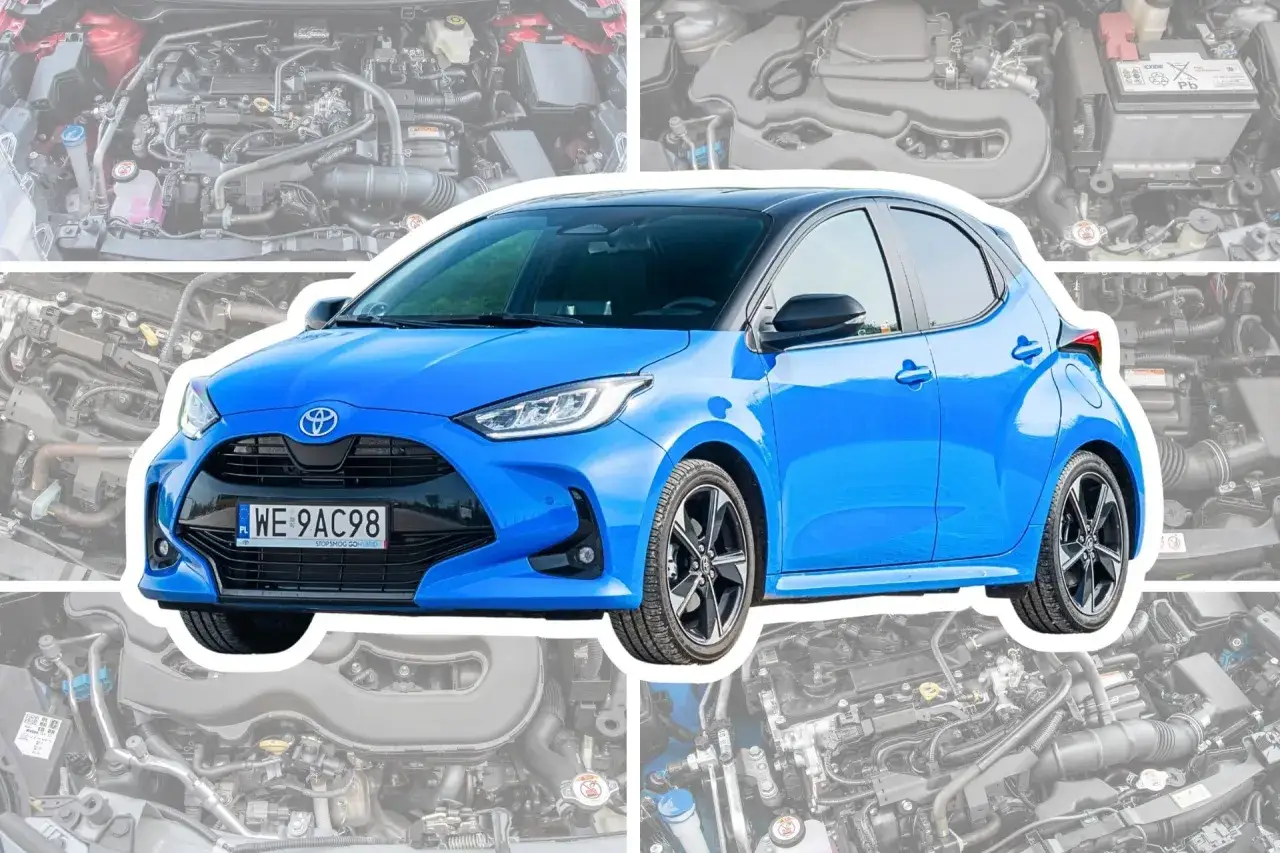 Niebieski Toyota Yaris z czarnym dachem, otoczony zdjęciami silnika. Dowiedz się o pojemność baku tego modelu.