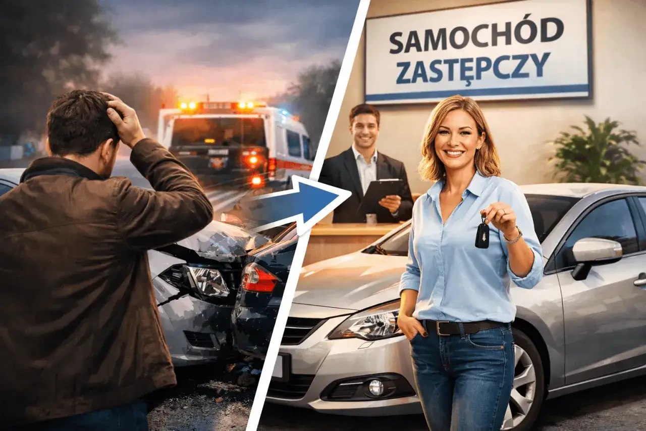 Po wypadku z winy sprawcy, otrzymujesz auto zastępcze. Uśmiechnięta kobieta odbiera kluczyki do nowego samochodu.