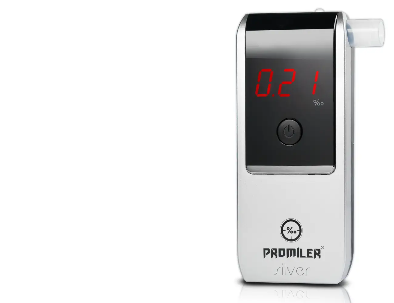 Cyfrowy alkomat Promiler Silver z wyświetlaczem pokazującym 0.21‰. Zastanawiasz się, jaki alkomat wybrać? Ten model to dobry wybór.