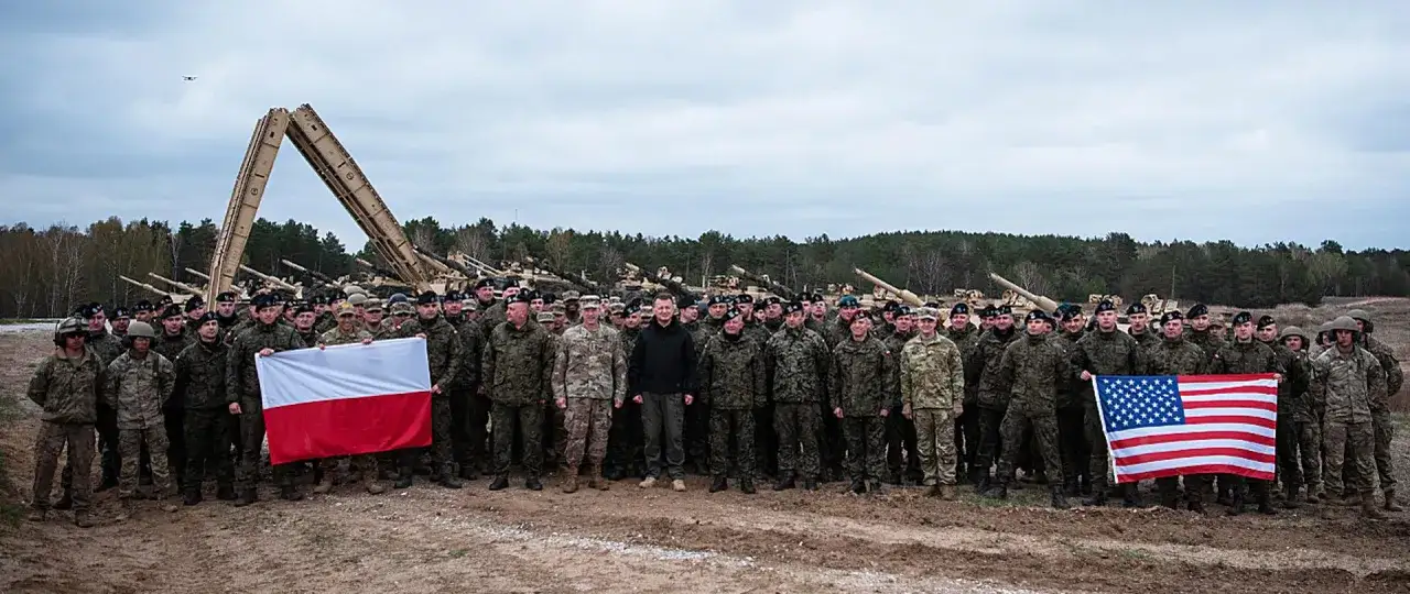 Żołnierze z Polski i USA pozują z flagami. W tle widać czołgi i most pontonowy. To może być początek nauki, jak zostać kierowcą czołgu.
