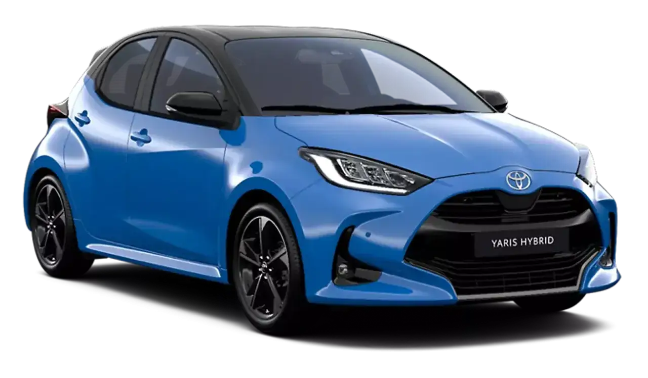 Niebieski Toyota Yaris Hybrid z czarnym dachem. Dowiedz się więcej o jego pojemności baku i możliwościach.