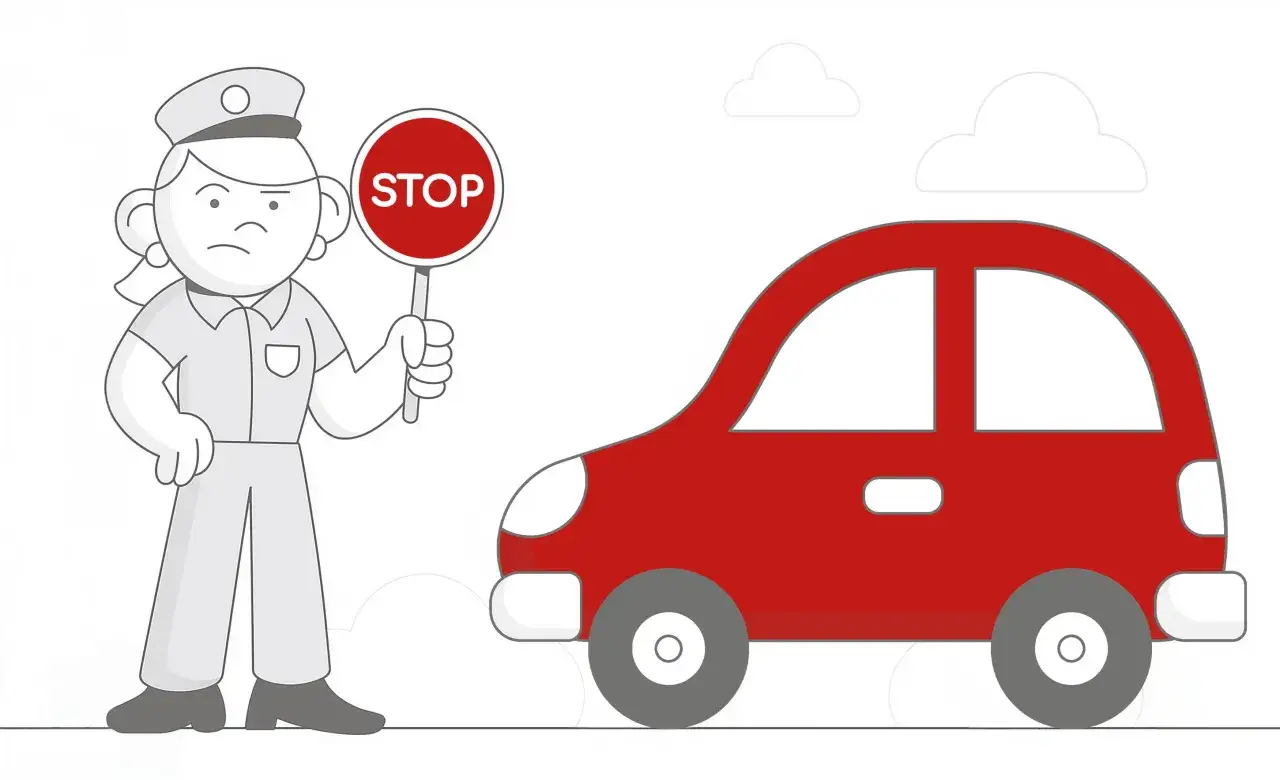 Policjantka z tabliczką STOP zatrzymuje czerwony samochód. Czy trzeba mieć przy sobie prawo jazdy?