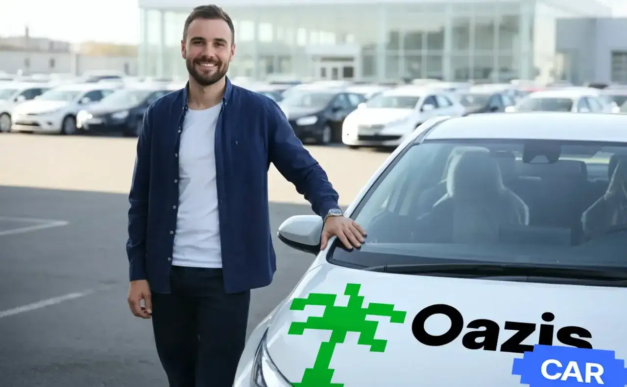 Uśmiechnięty mężczyzna stoi obok białego samochodu z logo Oazis Car. Zastanawiasz się, ile zarabia kierowca taxi?