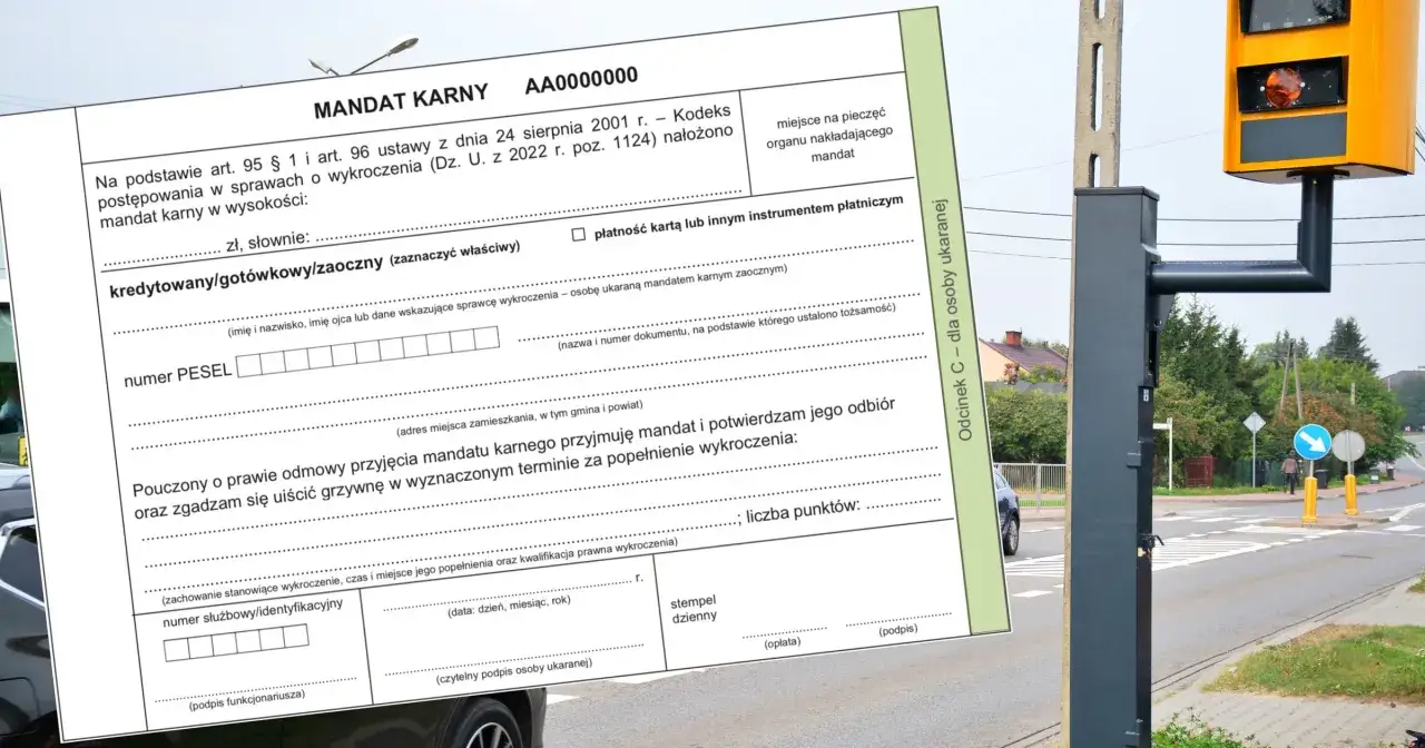 Jak zapłacić mandat z fotoradaru? Na zdjęciu formularz mandatu karnego i fotoradar.