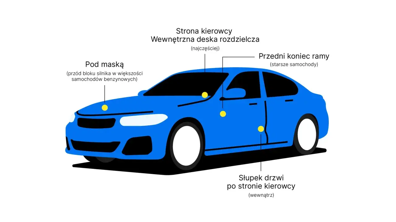 Schematyczny niebieski samochód z oznaczeniami: pod maską, deska rozdzielcza, słupek drzwi. Dowiedz się, jak sprawdzić samochód po winie.