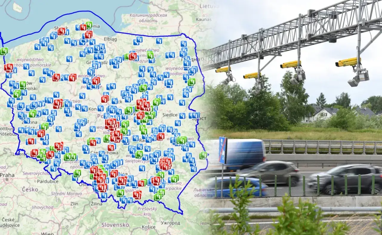 Mapa Polski z zaznaczonymi punktami kontrolnymi odcinkowy pomiar prędkości. Obok system kamer nad autostradą.